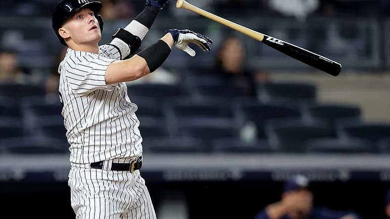 Aug 17, 2022; Bronx, New York, USA; New York Yankees designated hitter Josh Donaldson (28) tosses his bat after hitting a game winning grand slam home run against the Tampa Bay Rays during the tenth inning at Yankee Stadium. Mandatory Credit: Brad Penner-USA TODAY Sports