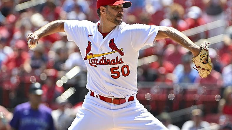 Aug 18, 2022; St. Louis, Missouri, USA; St. Louis Cardinals starting pitcher Adam Wainwright (50) pitches against the Colorado Rockies during the first inning at Busch Stadium. Mandatory Credit: Jeff Curry-USA TODAY Sports