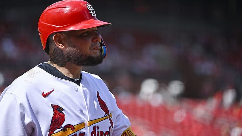 Aug 18, 2022; St. Louis, Missouri, USA;  St. Louis Cardinals catcher Yadier Molina (4) looks on during the eighth inning against the Colorado Rockies at Busch Stadium. Mandatory Credit: Jeff Curry-USA TODAY Sports