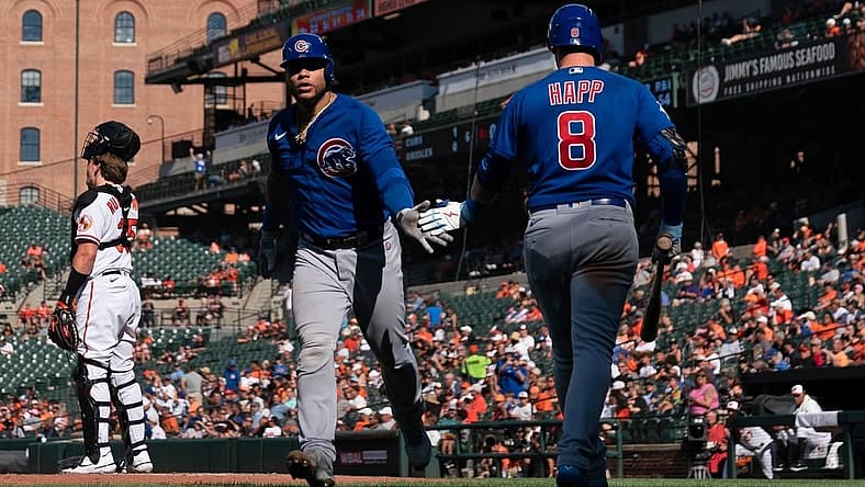 Aug 18, 2022; Baltimore, Maryland, USA; Chicago Cubs catcher Willson Contreras (40) is congratulated after hitting a home run in the sixth inning against the Baltimore Orioles at Oriole Park at Camden Yards. Mandatory Credit: Jessica Rapfogel-USA TODAY Sports