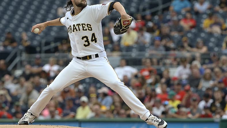 Aug 18, 2022; Pittsburgh, Pennsylvania, USA; Pittsburgh Pirates starting pitcher JT Brubaker (34) delivers a pitch against the Boston Red Sox during the first inning at PNC Park. Mandatory Credit: Charles LeClaire-USA TODAY Sports