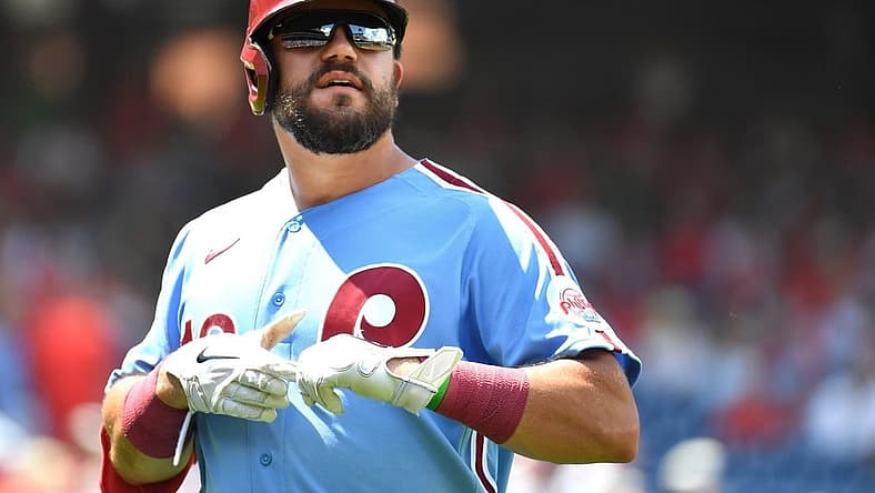 Aug 7, 2022; Philadelphia, Pennsylvania, USA; Philadelphia Phillies left fielder Kyle Schwarber (12) against the Washington Nationals at Citizens Bank Park. Mandatory Credit: Eric Hartline-USA TODAY Sports
