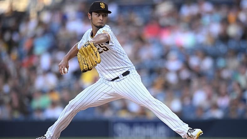 Aug 18, 2022; San Diego, California, USA; San Diego Padres starting pitcher Yu Darvish (11) throws a pitch against the Washington Nationals during the first inning at Petco Park. Mandatory Credit: Orlando Ramirez-USA TODAY Sports
