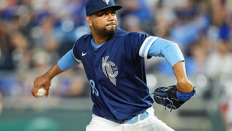 Aug 5, 2022; Kansas City, Missouri, USA; Kansas City Royals relief pitcher Joel Payamps (38) pitches against the Boston Red Sox during the eighth inning at Kauffman Stadium. Mandatory Credit: Jay Biggerstaff-USA TODAY Sports