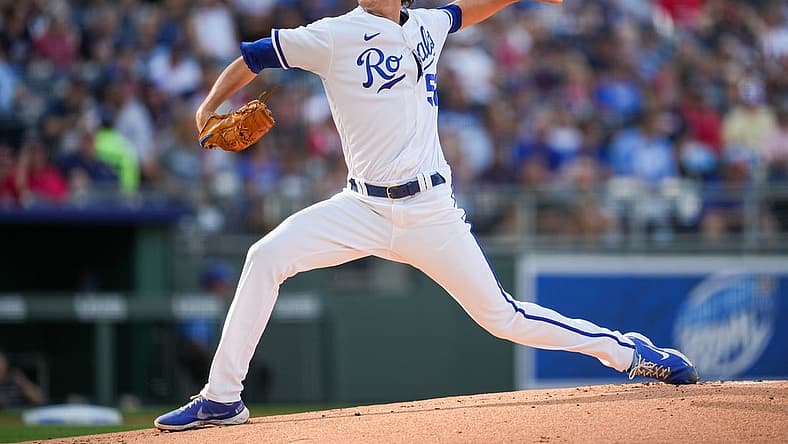 Aug 6, 2022; Kansas City, Missouri, USA; Kansas City Royals starting pitcher Daniel Lynch (52) pitches against the Boston Red Sox during the first inning at Kauffman Stadium. Mandatory Credit: Jay Biggerstaff-USA TODAY Sports