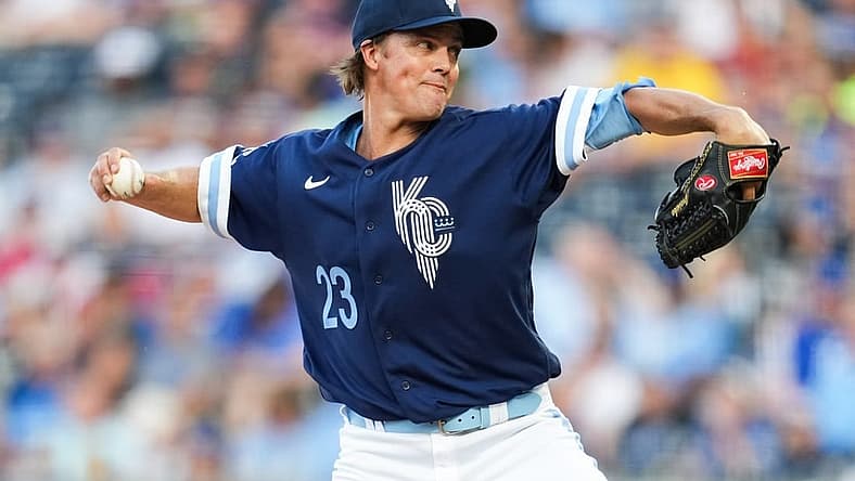 Aug 5, 2022; Kansas City, Missouri, USA; Kansas City Royals starting pitcher Zack Greinke (23) pitches against the Boston Red Sox during the first inning at Kauffman Stadium. Mandatory Credit: Jay Biggerstaff-USA TODAY Sports