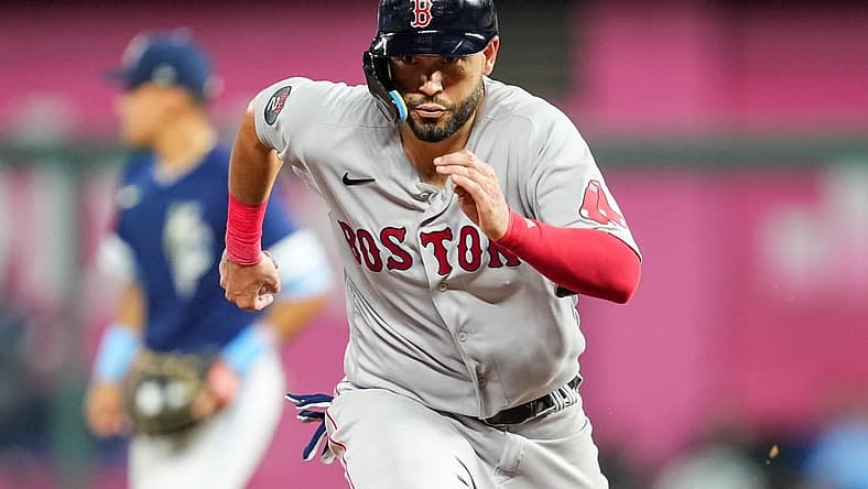 Aug 5, 2022; Kansas City, Missouri, USA; Boston Red Sox first baseman Eric Hosmer (35) runs toward third base during the sixth inning against the Kansas City Royals at Kauffman Stadium. Mandatory Credit: Jay Biggerstaff-USA TODAY Sports