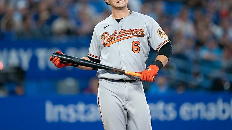 Aug 16, 2022; Toronto, Ontario, CAN; Baltimore Orioles first baseman Ryan Mountcastle (6) reacts after striking out against the Toronto Blue Jays during the fourth inning at Rogers Centre. Mandatory Credit: Nick Turchiaro-USA TODAY Sports