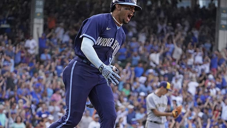 Aug 19, 2022; Chicago, Illinois, USA; Chicago Cubs shortstop Christopher Morel (5) runs the bases after hitting a two run home run against the Milwaukee Brewers during the sixth inning at Wrigley Field. Mandatory Credit: David Banks-USA TODAY Sports