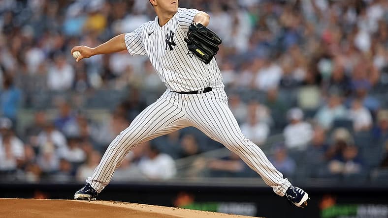 Aug 19, 2022; Bronx, New York, USA; New York Yankees starting pitcher Jameson Taillon (50) pitches against the Toronto Blue Jays during the first inning at Yankee Stadium. Mandatory Credit: Brad Penner-USA TODAY Sports