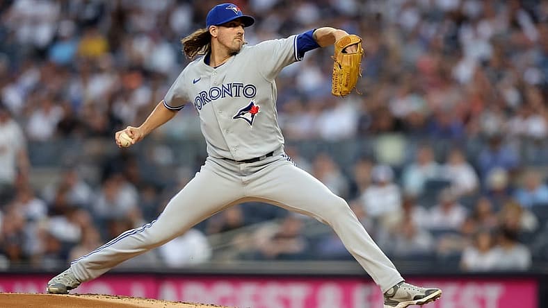 Aug 19, 2022; Bronx, New York, USA; Toronto Blue Jays starting pitcher Kevin Gausman (34) pitches against the New York Yankees during the first inning at Yankee Stadium. Mandatory Credit: Brad Penner-USA TODAY Sports