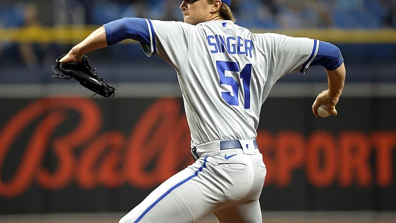 Aug 19, 2022; St. Petersburg, Florida, USA;  Kansas City Royals starting pitcher Brady Singer (51) throws a pitch against the Tampa Bay Rays during the first inning at Tropicana Field. Mandatory Credit: Kim Klement-USA TODAY Sports
