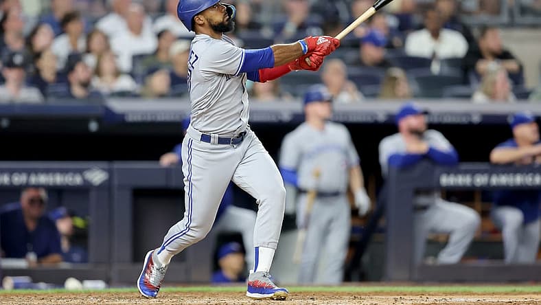 Aug 19, 2022; Bronx, New York, USA; Toronto Blue Jays right fielder Teoscar Hernandez (37) watches his two run home run against the New York Yankees during the fourth inning at Yankee Stadium. Mandatory Credit: Brad Penner-USA TODAY Sports