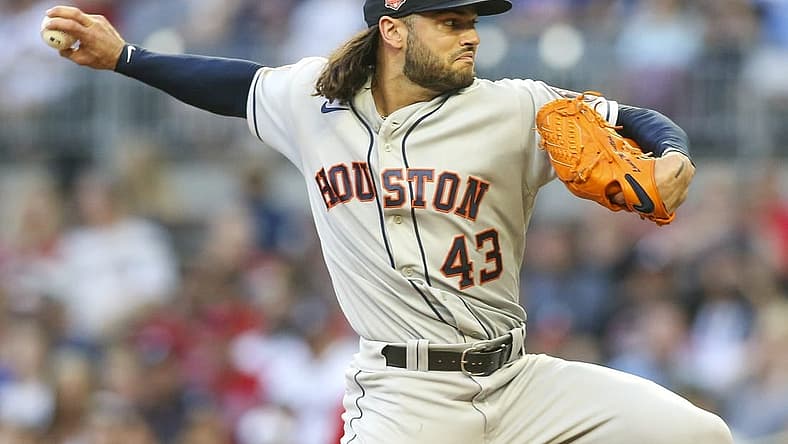 Aug 19, 2022; Atlanta, Georgia, USA; Houston Astros starting pitcher Lance McCullers Jr. (43) throws against the Atlanta Braves in the first inning at Truist Park. Mandatory Credit: Brett Davis-USA TODAY Sports