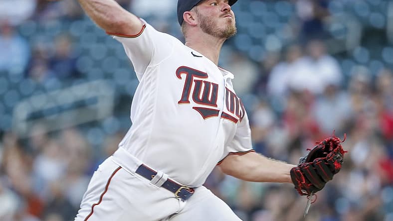 Aug 19, 2022; Minneapolis, Minnesota, USA; Minnesota Twins starting pitcher Dylan Bundy (37) throws to the Texas Rangers in the first inning at Target Field. Mandatory Credit: Bruce Kluckhohn-USA TODAY Sports