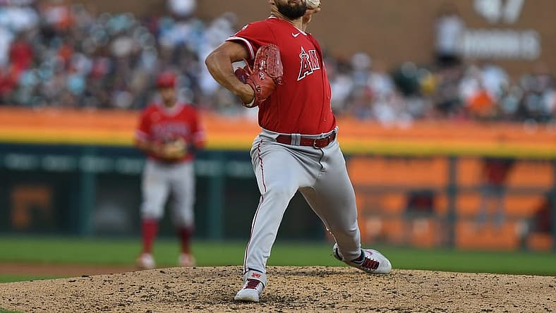 Aug 19, 2022; Detroit, Michigan, USA; Los Angeles Angels starting pitcher Patrick Sandoval (43) throws a pitch against the Detroit Tigers in the fourth inning at Comerica Park. Mandatory Credit: Lon Horwedel-USA TODAY Sports
