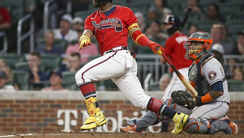 Aug 19, 2022; Atlanta, Georgia, USA; Atlanta Braves right fielder Ronald Acuna Jr. (13) hits a single against the Houston Astros in the fourth inning at Truist Park. Mandatory Credit: Brett Davis-USA TODAY Sports
