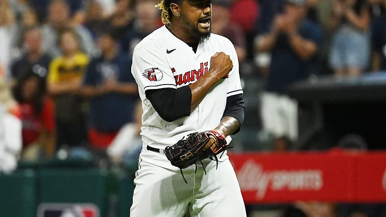 Aug 19, 2022; Cleveland, Ohio, USA; Cleveland Guardians relief pitcher Emmanuel Clase (48) celebrates after striking out Chicago White Sox shortstop Elvis Andrus (not pictured) to end the game at Progressive Field. Mandatory Credit: Ken Blaze-USA TODAY Sports