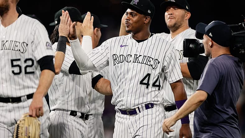 Aug 19, 2022; Denver, Colorado, USA; Colorado Rockies designated hitter Elehuris Montero (44) celebrates with teammates after the game against the San Francisco Giants at Coors Field. Mandatory Credit: Isaiah J. Downing-USA TODAY Sports