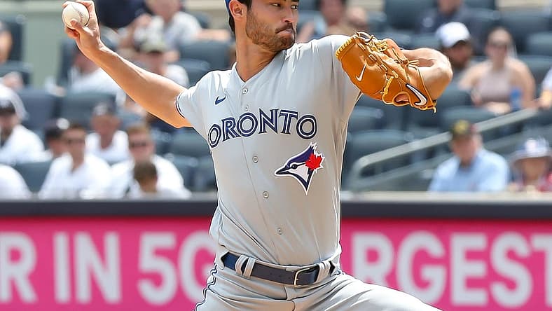 Aug 20, 2022; Bronx, New York, USA; Toronto Blue Jays starting pitcher Mitch White (45) pitches the ball against the New York Yankees during the first inning at Yankee Stadium. Mandatory Credit: Tom Horak-USA TODAY Sports