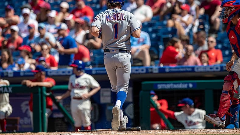 Aug 20, 2022; Philadelphia, Pennsylvania, USA; New York Mets second baseman Jeff McNeil (1) scores on a two RBI single by New York Mets catcher Michael Perez (not pictured) against the Philadelphia Phillies during the fifth inning at Citizens Bank Park. Mandatory Credit: John Jones-USA TODAY Sports