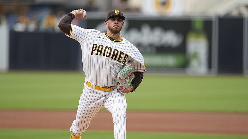 Aug 20, 2022; San Diego, California, USA; San Diego Padres starting pitcher Joe Musgrove (44) pitches during the first inning against the Washington Nationals at Petco Park. Mandatory Credit: Ray Acevedo-USA TODAY Sports
