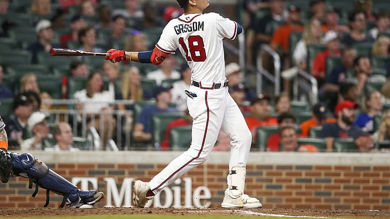 Aug 20, 2022; Atlanta, Georgia, USA; Atlanta Braves second baseman Vaughn Grissom (18) hits a home run against the Houston Astros in the fifth inning at Truist Park. Mandatory Credit: Brett Davis-USA TODAY Sports
