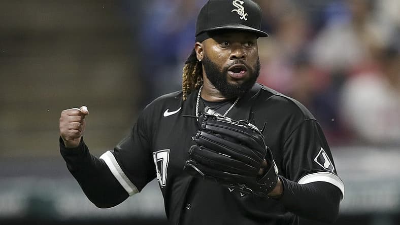 Aug 20, 2022; Cleveland, Ohio, USA; Chicago White Sox pitcher Johnny Cueto pumps his fist after completing the eigth inning against the Cleveland Guardians at Progressive Field. Mandatory Credit: Aaron Josefczyk-USA TODAY Sports