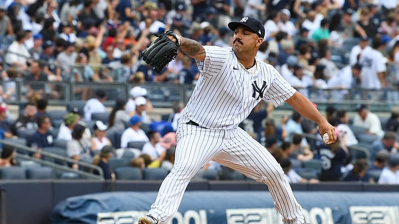 Aug 21, 2022; Bronx, New York, USA; New York Yankees starting pitcher Nestor Cortes (65) throws a pitch during the second inning against the Toronto Blue Jays during the game at Yankee Stadium. Mandatory Credit: Dennis Schneidler-USA TODAY Sports
