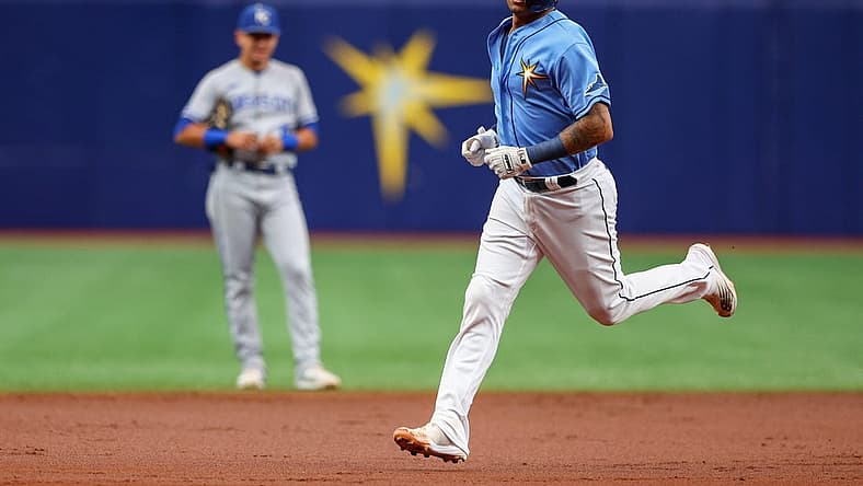 Aug 21, 2022; St. Petersburg, Florida, USA; Tampa Bay Rays catcher Christian Bethancourt (14) runs the bases after hitting a home run against the Kansas City Royals in the second inning at Tropicana Field. Mandatory Credit: Nathan Ray Seebeck-USA TODAY Sports