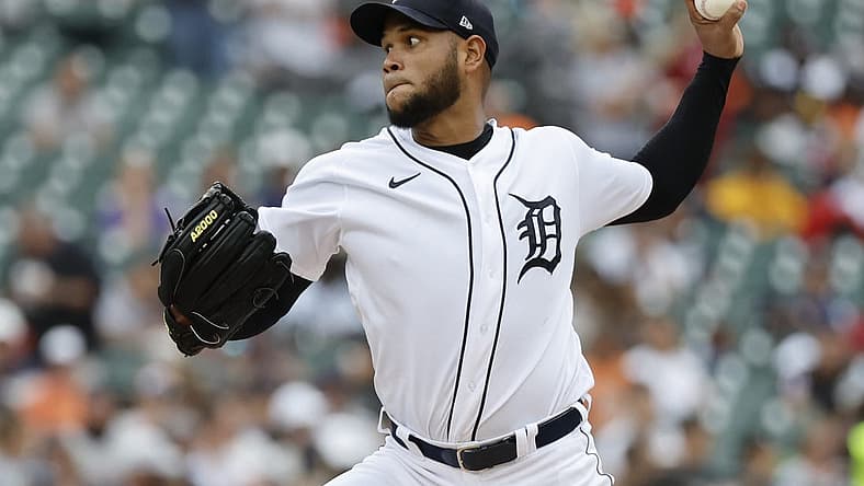 Aug 21, 2022; Detroit, Michigan, USA; Detroit Tigers pitcher Eduardo Rodriguez (57) pitches in the first inning against the Los Angeles Angels at Comerica Park. Mandatory Credit: Rick Osentoski-USA TODAY Sports