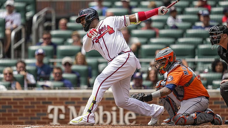Aug 21, 2022; Cumberland, Georgia, USA; Atlanta Braves left fielder Marcell Ozuna (20) strikes out against the Houston Astros during the second inning at Truist Park. Mandatory Credit: Dale Zanine-USA TODAY Sports