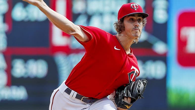 Aug 21, 2022; Minneapolis, Minnesota, USA; Minnesota Twins starting pitcher Joe Ryan (41) throws to the Texas Rangers in the first inning at Target Field. Mandatory Credit: Bruce Kluckhohn-USA TODAY Sports