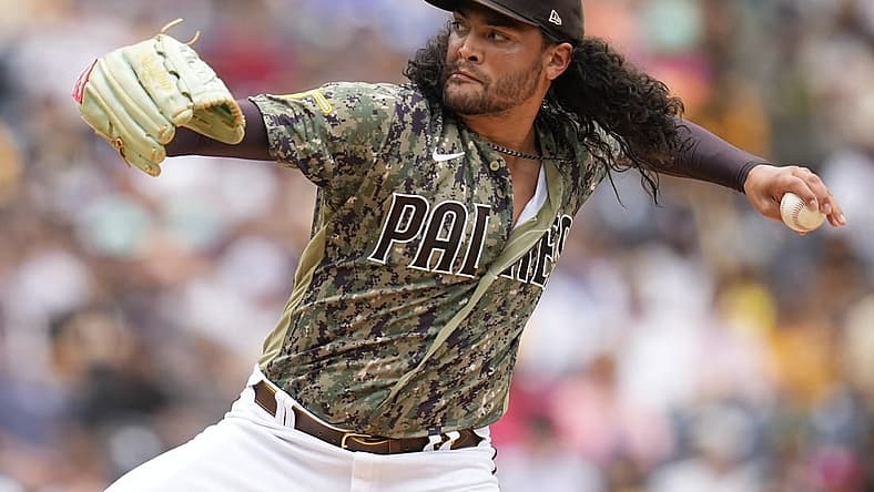 Aug 21, 2022; San Diego, California, USA;  San Diego Padres starting pitcher Sean Manaea (55) pitches during the first inning against the Washington Nationals at Petco Park. Mandatory Credit: Ray Acevedo-USA TODAY Sports