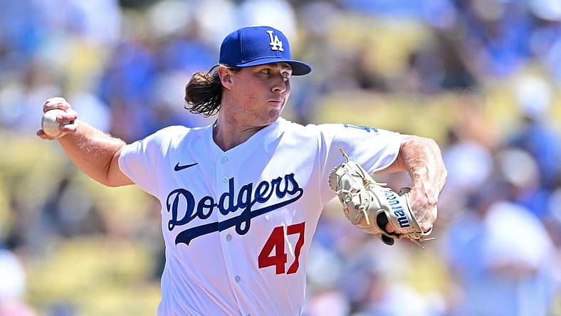 Aug 21, 2022; Los Angeles, California, USA; Los Angeles Dodgers starting pitcher Ryan Pepiot (47) throws to the plate in the first inning against the Miami Marlins at Dodger Stadium. Mandatory Credit: Jayne Kamin-Oncea-USA TODAY Sports