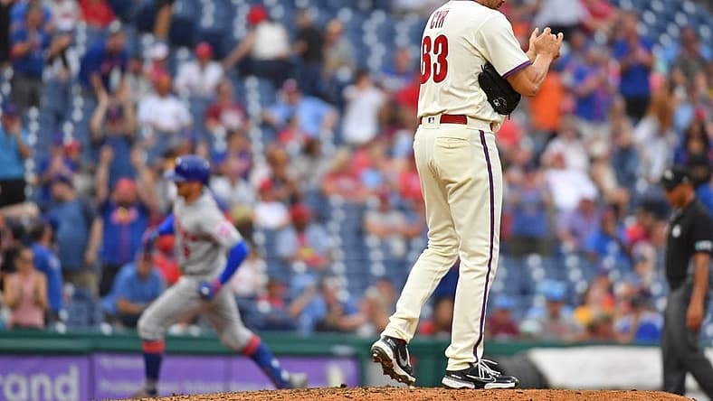 Aug 21, 2022; Philadelphia, Pennsylvania, USA; Philadelphia Phillies relief pitcher Tyler Cyr (63) reacts after allowing home run to New York Mets center fielder Brandon Nimmo (9) during the ninth inning at Citizens Bank Park. Mandatory Credit: Eric Hartline-USA TODAY Sports