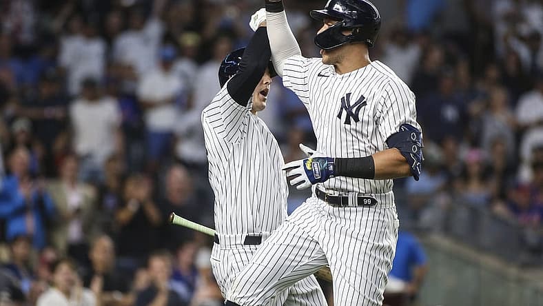 Aug 22, 2022; Bronx, New York, USA; New York Yankees right fielder Aaron Judge (99) celebrates with first baseman Anthony Rizzo (48) after hitting a home run in the third inning against the New York Mets at Yankee Stadium. Mandatory Credit: Wendell Cruz-USA TODAY Sports