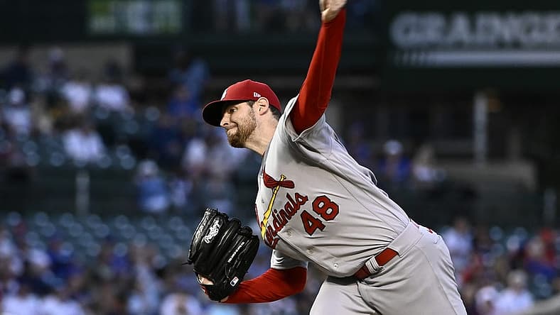 Aug 22, 2022; Chicago, Illinois, USA; St. Louis Cardinals starting pitcher Jordan Montgomery (48) delivers against the Chicago Cubs during the first inning at Wrigley Field. Mandatory Credit: Matt Marton-USA TODAY Sports