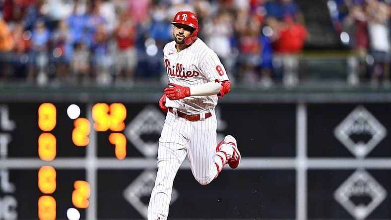Aug 22, 2022; Philadelphia, Pennsylvania, USA; Philadelphia Phillies right fielder Nick Castellanos (8) rounds the bases after hitting a home run against the Cincinnati Reds in the second inning at Citizens Bank Park. Mandatory Credit: Kyle Ross-USA TODAY Sports