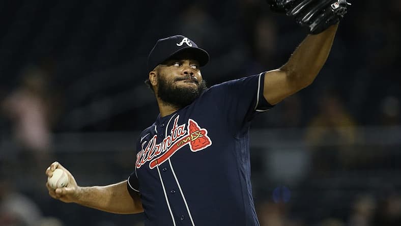 Aug 22, 2022; Pittsburgh, Pennsylvania, USA; Atlanta Braves relief pitcher Kenley Jansen (74) pitches against the Pittsburgh Pirates during the ninth inning at PNC Park. The Braves won 2-1. Mandatory Credit: Charles LeClaire-USA TODAY Sports