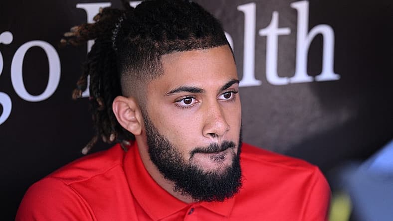 Aug 23, 2022; San Diego, California, USA; San Diego Padres shortstop Fernando Tatis Jr. (23) speak to the media before the game against the Cleveland Guardians at Petco Park. Mandatory Credit: Orlando Ramirez-USA TODAY Sports