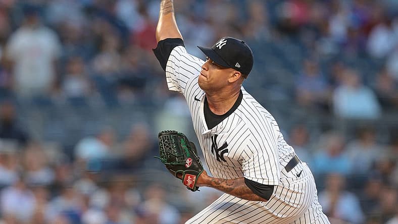 Aug 23, 2022; Bronx, New York, USA; New York Yankees starting pitcher Frankie Montas (47) delivers a pitch during the first inning against the New York Mets at Yankee Stadium. Mandatory Credit: Vincent Carchietta-USA TODAY Sports