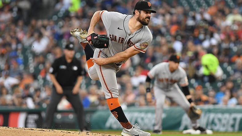Aug 23, 2022; Detroit, Michigan, USA; San Francisco Giants starting pitcher Carlos Rodon (16) throws a pitch against the Detroit Tigers in the first inning at Comerica Park. Mandatory Credit: Lon Horwedel-USA TODAY Sports