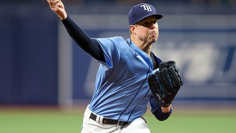 Aug 23, 2022; St. Petersburg, Florida, USA; Tampa Bay Rays starting pitcher Corey Kluber (28) throws a pitch against the Los Angeles Angels in the third inning at Tropicana Field. Mandatory Credit: Nathan Ray Seebeck-USA TODAY Sports