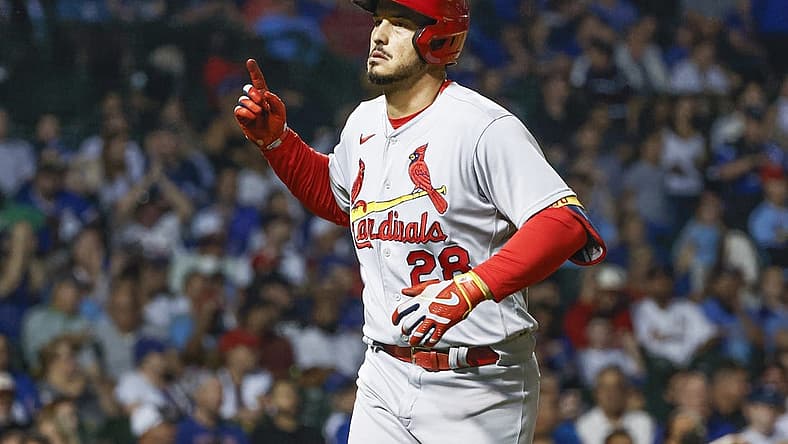 Aug 23, 2022; Chicago, Illinois, USA; St. Louis Cardinals third baseman Nolan Arenado (28) celebrates after hitting a solo home run against the Chicago Cubs during the fourth inning of the second game of the doubleheader at Wrigley Field. Mandatory Credit: Kamil Krzaczynski-USA TODAY Sports