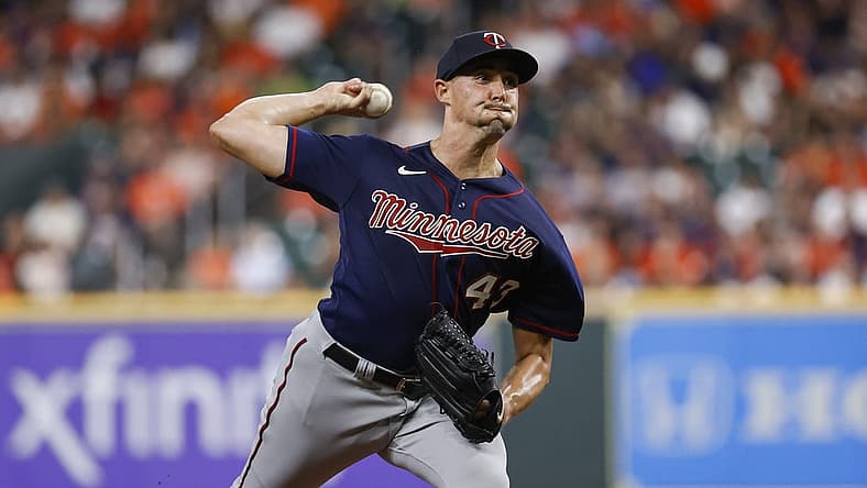 Aug 23, 2022; Houston, Texas, USA; Minnesota Twins starting pitcher Aaron Sanchez (43) delivers a pitch during the second inning against the Houston Astros at Minute Maid Park. Mandatory Credit: Troy Taormina-USA TODAY Sports