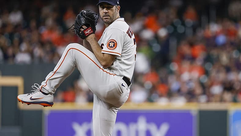 Aug 23, 2022; Houston, Texas, USA; Houston Astros starting pitcher Justin Verlander (35) delivers a pitch during the second inning against the Minnesota Twins at Minute Maid Park. Mandatory Credit: Troy Taormina-USA TODAY Sports
