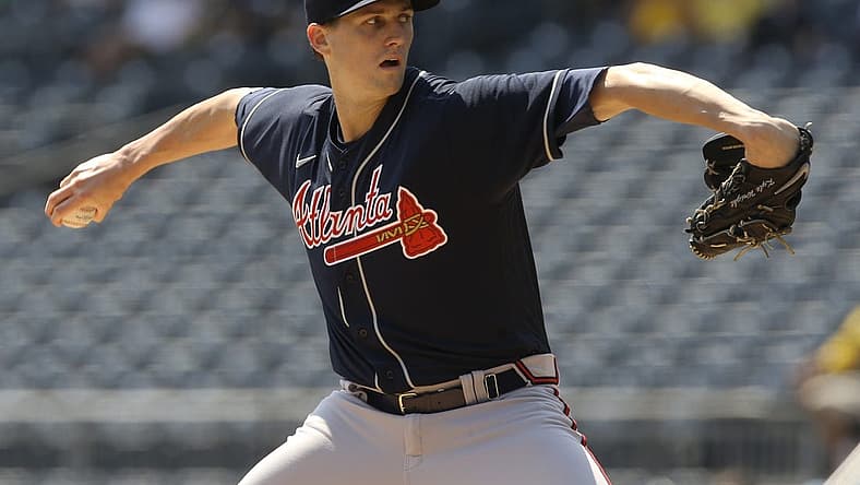 Aug 24, 2022; Pittsburgh, Pennsylvania, USA;  Atlanta Braves starting pitcher Kyle Wright (30) delivers a pitch against the Pittsburgh Pirates during the first inning at PNC Park. Mandatory Credit: Charles LeClaire-USA TODAY Sports