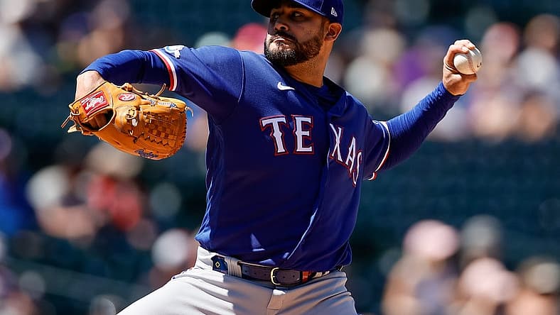 Aug 24, 2022; Denver, Colorado, USA; Texas Rangers starting pitcher Martin Perez (54) pitches in the first inning against the Colorado Rockies at Coors Field. Mandatory Credit: Isaiah J. Downing-USA TODAY Sports
