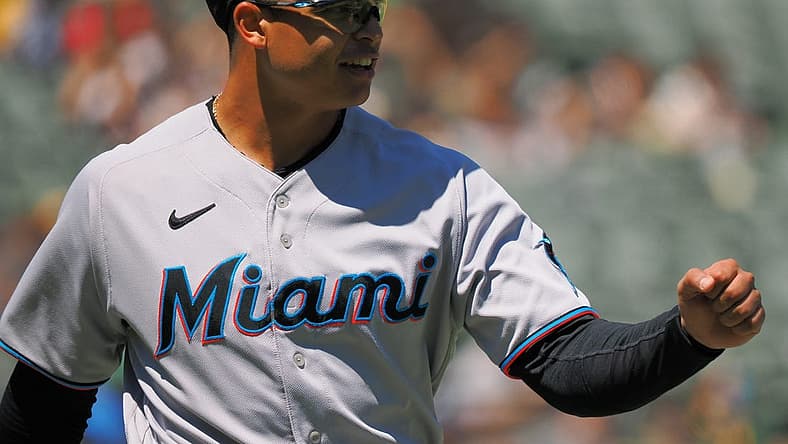 Aug 24, 2022; Oakland, California, USA; Miami Marlins starting pitcher Jesus Luzardo (44) looks to fist bump a teammate after the fourth inning against the Oakland Athletics at RingCentral Coliseum. Mandatory Credit: Kelley L Cox-USA TODAY Sports